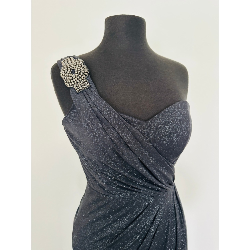 Xscape Evening‎ Dress 6 One Shoulder Navy Blue Glitter Gown Ruched Formal Prom - Picture 8 of 11